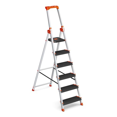 SONGMICS Leiter mit 6 Stufen, Aluleiter, 12 cm breite Stufen mit Riffelung, Anti-Rutsch-Füße, mit Handlauf, Werkzeugschale, bis 150 kg belastbar, schwarz-orange GLT06BK SONGMICS Leiter mit 6 Stufen, Aluleiter, 12 cm breite Stufen mit Riffelung, Anti-Rutsch-Füße, mit Handlauf, Werkzeugschale, bis 150 kg belastbar, schwarz-orange GLT06BK von SONGMICS