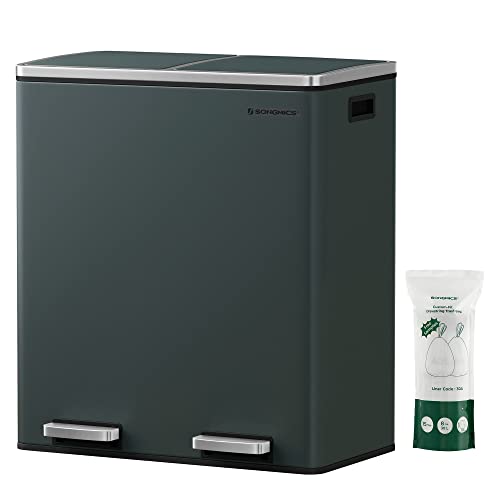 SONGMICS Mülleimer, 60 l (60 l) Mülleimer und 15 Müllbeutel, mit zwei Fächern, Inneneimer aus Kunststoff, 2 x 30 l, Grau von SONGMICS