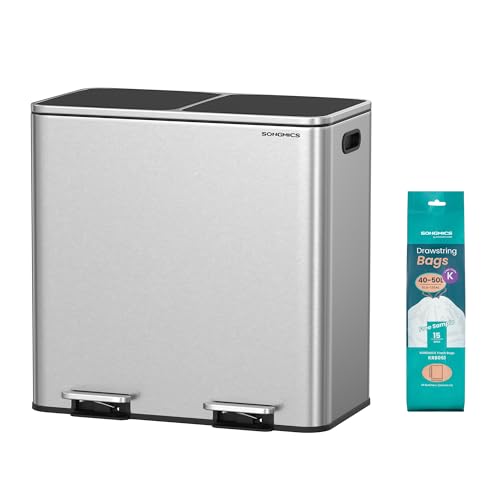 SONGMICS Mülleimer 2 x 40 l Mülleimer für die Küche, mit 15 Müllbeuteln, 2 Fächern, Kunststoff-Inneneimern und Scharnierdeckeln, luftdicht, Silber und Schwarz ULTB730E80 von SONGMICS