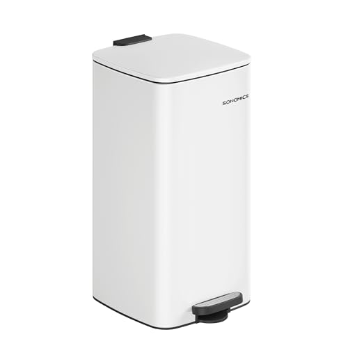 SONGMICS Mülleimer Küche, 30 Liter Abfalleimer, Tretmülleimer, Stahl, mit Inneneimer, Softclose, Offenhaltefunktion, wolkenweiß LTB593W02 von SONGMICS