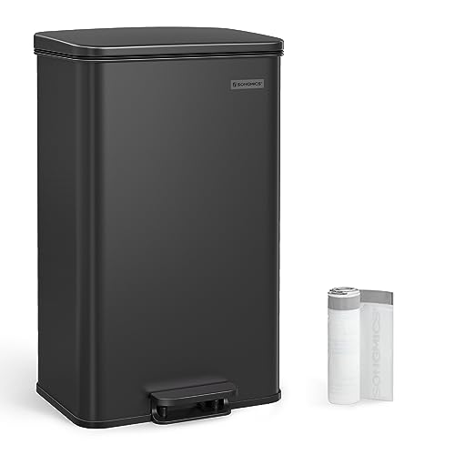 SONGMICS Mülleimer Küche, 40 Liter Abfalleimer, großer Tretmülleimer, mit Deckel, aus Stahl, Soft-Close, inklusive 15 Müllbeutel, schwarz LTB540B4002 von SONGMICS