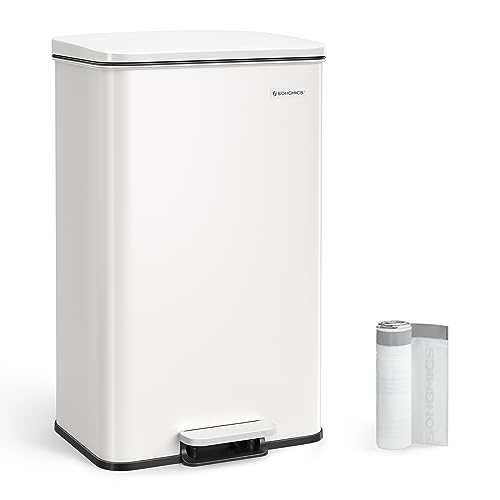 SONGMICS Mülleimer Küche, 40 Liter Abfalleimer, großer Tretmülleimer, mit Deckel, aus Stahl, Soft-Close, inklusive 15 Müllbeutel, weiß LTB540W4002 von SONGMICS