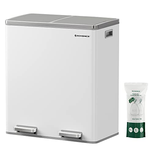 SONGMICS Mülleimer, 2 x 30 Liter, 2 Fächer, Mülltrennsystem, Treteimer, Abfalleimer Küche, 15 Müllsäcke, Metall, Inneneimer aus Kunststoff, Klappdeckel, Softclose, luftdicht, weiß-grau LTB60WT SONGMICS Mülleimer, 2 x 30 Liter, 2 Fächer, Mülltrennsystem, Treteimer, Abfalleimer Küche, 15 Müllsäcke, Metall, Inneneimer aus Kunststoff, Klappdeckel, Softclose, luftdicht, weiß-grau LTB60WT von SONGMICS