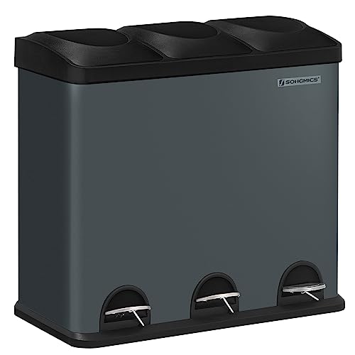 SONGMICS Mülleimer für die Küche, 54 Liter, Abfalleimer, Treteimer mit 3 Fächern, Inneneimern und 6 Aufklebern für Mülltrennung, Mülltrennsystem, grau-schwarz LTB54G, 60,4 x 30 x 56,3 cm (L x B x H) von SONGMICS