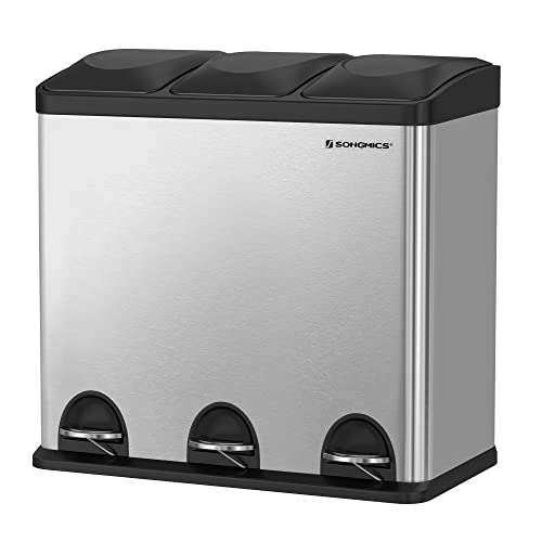 SONGMICS Mülleimer für die Küche, Abfalleimer, Treteimer mit 3 Fächern, Inneneimern und 6 Aufklebern für Mülltrennung, Mülltrennsystem, Silbern-Schwarz, 60,4 x 30 x 56,3 cm (L x B x H) von SONGMICS