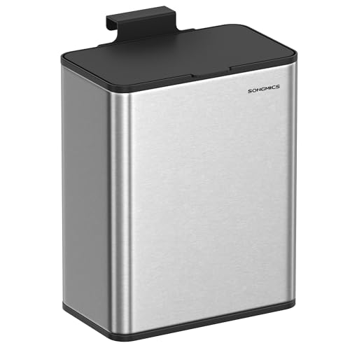 SONGMICS Mülleimer hängend, 8 L Komposteimer Küche, Stahl-Abfalleimer mit Deckel für Biomüll, mit Haken, an der Schranktür oder Wand, für Unterschrank Badezimmer, metallisches Silber LTB810E08 von SONGMICS