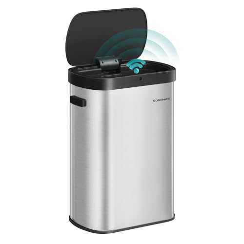 SONGMICS Mülleimer mit Sensor, automatischer Abfalleimer 50 L, Öffnen per Handbewegung oder Berühren, Softclose-Deckel, Stahl, inkl. 15 Müllbeutel, metallicsilber-tintenschwarz LTB640E01 von SONGMICS