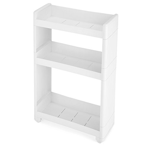 SONGMICS Nischenwagen schmal mit 3 Ablagefächern Nischenschrank mit Rollen für Küche Bad Keller, KFR09WT, Weiß, 45 x 17 x 68.5 cm von SONGMICS