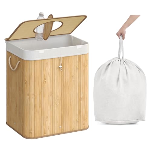 SONGMICS Pfandflaschen-Sammelbehälter, 95 L Pfandflaschen-Behälter, Bambus, Flaschensammler Leergut, Recycling-Behälter, mit Loch, Deckel, Innensack mit Griffen, Küche, naturbeige RRB060Y01 von SONGMICS