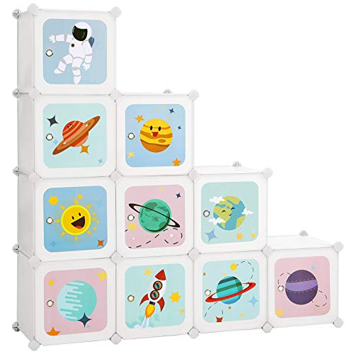 SONGMICS Regalsystem mit 10 Würfeln, Aufbewahrungsschrank für Kinder, Steckregal, Schuhregal aus Kunststoff, Kleiderschrank mit Türen, für Schuhe, Spielzeug, 123 x 31 x 123 cm, weiß LPC903W01 von SONGMICS