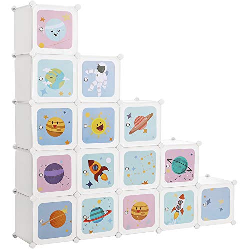 SONGMICS Regalsystem mit 15 Würfeln, Aufbewahrungsschrank für Kinder, Kleiderschrank mit Türen, Schuhregal aus Kunststoff, Steckregal, Mehrzweck, Schuhe, Spielzeug, 153 x 31 x 153 cm, weiß LPC902W von SONGMICS