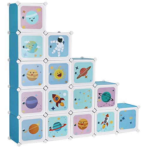 SONGMICS Regalsystem mit 15 Würfeln, Aufbewahrungsschrank für Kinder, Steckregal, Schuhregal aus Kunststoff, Kleiderschrank mit Türen, Mehrzweck, Schuhe, Spielzeug, 153 x 31 x 153 cm, blau LPC902Q01 von SONGMICS