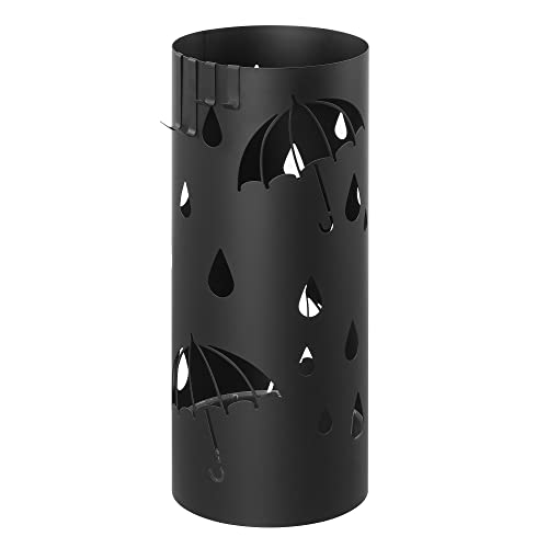 SONGMICS Regenschirmständer, Schirmständer, rund, aus Metall, mit 4 Haken, Wasserauffangschale herausnehmbar, 17 x 41 cm (Ø x H), für Eingangsbereich, Flur, schwarz LUC024B01 von SONGMICS