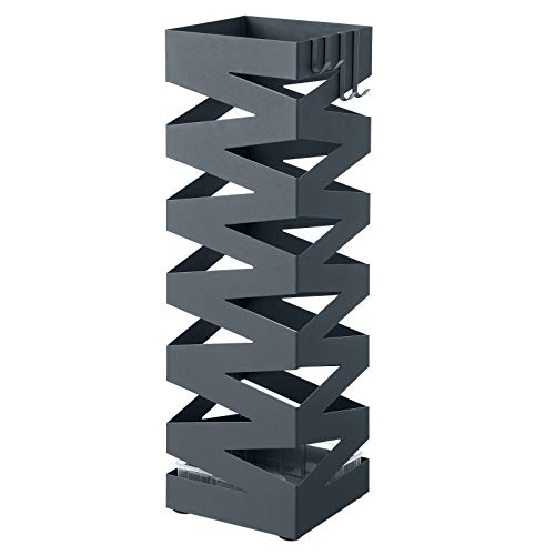 SONGMICS Regenschirmständer aus Metall, Schirmständer, quadratisch, 4 Haken und eine herausnehmbare Wasserauffangschale, 15,5 x 15,5 x 49 cm, anthrazit LUC016G01 von SONGMICS