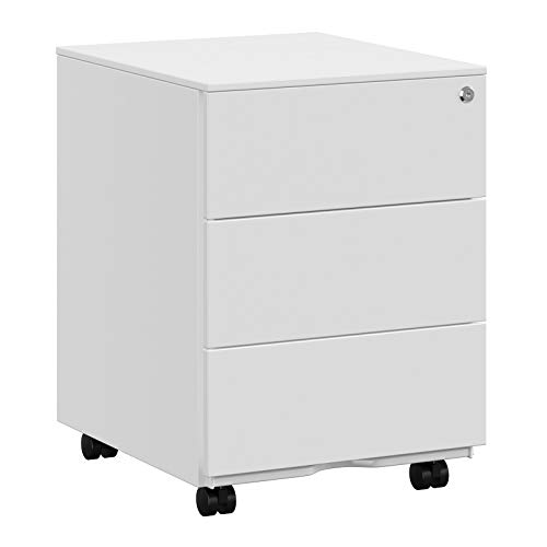 SONGMICS Rollcontainer, Metallschrank, mobiler Aktenschrank, Druckertisch, abschließbar, 3 Schubladen, Schreibtisch, Unterschrank, vormontiert, Büro, Homeoffice, 45 x 39 x 55 cm, weiß OFC63WT von SONGMICS