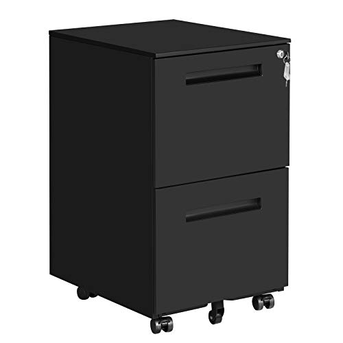 SONGMICS Rollcontainer, mobiler Aktenschrank mit 2 Schubladen, abschließbar, für Bürodokumente, vormontiert, 39 x 45 x 69,5 cm (L x B x H), Mattschwarz OFC52BK, Legierter Stahl, Groß von SONGMICS