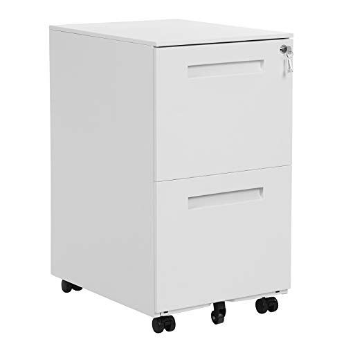 SONGMICS Rollcontainer, mobiler Aktenschrank mit 2 Schubladen, abschließbar, für Bürodokumente, vormontiert, 45 x 39 x 69,5 cm (T x B x H), weiß OFC052W01 von SONGMICS