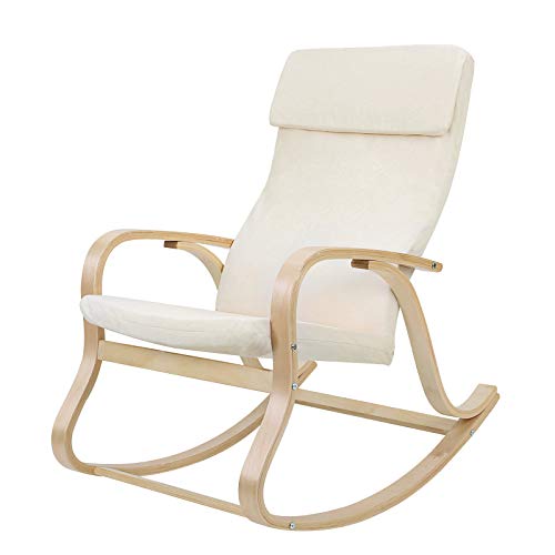 SONGMICS Schaukelstuhl, Schwingsessel, Relaxstuhl, Belastbarkeit 120 kg, Gestell aus Birkenholz, Bezug aus Leinenimitat, Baumwolle, beige LYY30M, 65 x 90 x 98 cm von SONGMICS