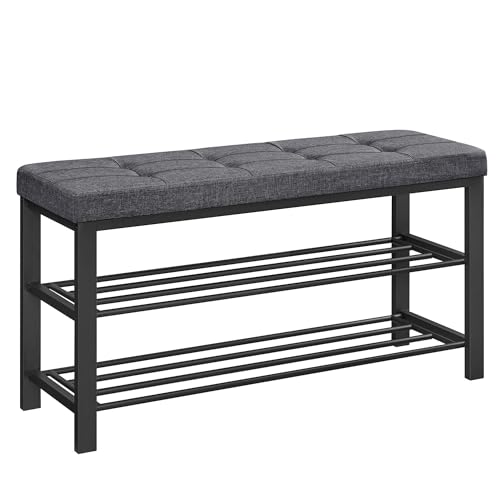 SONGMICS Schuhbank, Schuhregal mit 3 Ebenen, Schuhaufbewahrung, Sitz mit Schaumstoffpolsterung, Leinen, Metallrahmen, für Wohnzimmer Eingangsbereich, 31 x 100 x 49 cm, dunkelgrau-schwarz LBS579B01 von SONGMICS