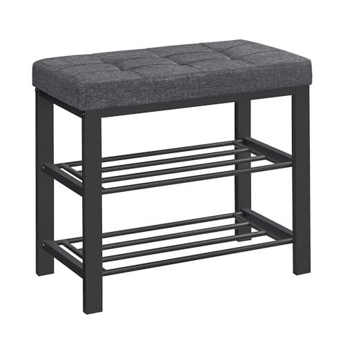 SONGMICS Schuhbank, Schuhregal mit 3 Ebenen, Schuhaufbewahrung, Sitz mit Schaumstoffpolsterung, Leinen, Metallrahmen, für Wohnzimmer Eingangsbereich, 31 x 60 x 49 cm, dunkelgrau-schwarz LBS576B01 von SONGMICS