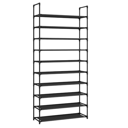 SONGMICS Schuhregal, 10 Ebenen, Schuhablage, Schuhaufbewahrung, schmal, 28 x 83 x 173 cm, Metallgestell, Ablagen aus Vliesstoff, für Flur, Schlafzimmer, schwarz LSH110BH01 von SONGMICS