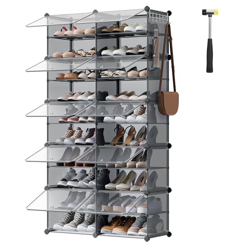 SONGMICS Schuhregal, Schuhschrank mit 10 Fächern, für Garrobe und Eingangsbereich, für bis zu 40 Paar Schuhe, anpassbar, schiefergrau-transparent LPC035G01 von SONGMICS
