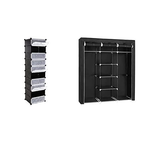 SONGMICS Schuhregal 10 Ebenen, DIY Schuhschrank mit Tür, Schuhablagen aus PP-Kunststoff, 48 x 36 x 173 cm, schwarz LPC10H & Kleiderschrank, Faltschrank, Stoffschrank, 175 x 150 x 45 cm, schwarz RYG12B von SONGMICS