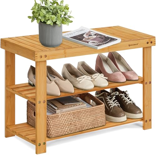 SONGMICS Schuhregal Bank, 3-stöckige Bambus Schuhaufbewahrung Organizer Eingangsbank hält bis zu 130 kg, für Eingangsbereich, Badezimmer, Schlafzimmer, Natürlich, 11.3" D x 27.6”W x 17.8" H von SONGMICS