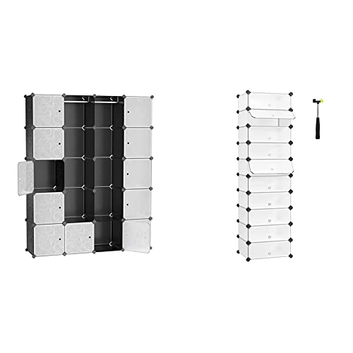 SONGMICS Schuhregal Kunststoff, rechteckiges Regalsystem mit 10 FÄchern, DIY Steckregal LPC10W Garderobe Kleiderschrank Mit 2 Kleiderstange, modularer Kombischrank LPC30H von SONGMICS