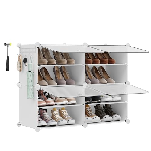 SONGMICS Schuhregal mit 4 Fächern, Schuhschrank, 30 x 40 x 30 cm pro Fach, schmal, mit Türen, Stahlrahmen, Kunststoff, für Flur, Schlafzimmer, Eingangsbereich, weiß LPC032W01 von SONGMICS