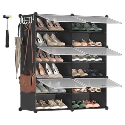 SONGMICS Schuhregal mit 6 Fächern, Schuhschrank, 30 x 40 x 30 cm pro Fach, schmal, mit Türen, Stahlrahmen, Kunststoff, für Flur, Schlafzimmer, Eingangsbereich, schwarz LPC033B01 von SONGMICS