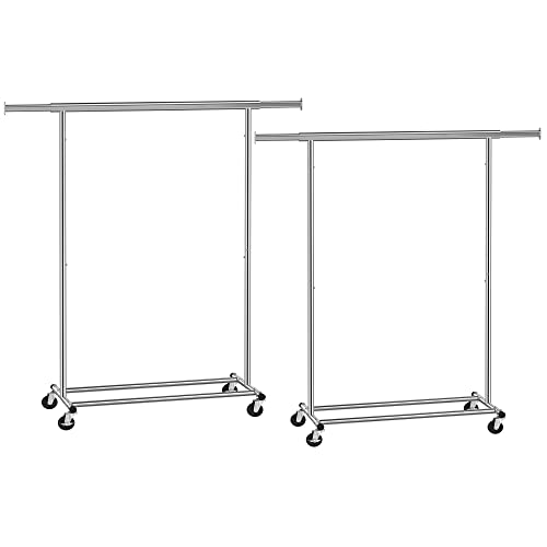 SONGMICS Schwerlast-Kleiderständer, 2er Set, Kleiderstange auf Rollen, bis 90 kg belastbar, mit ausziehbarer Garderobenständer, zusammenklappbares Unterteil, Ablage für Boxen, silbern HSR013S02 von SONGMICS