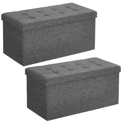 SONGMICS Sitzbank mit Stauraum, 2er Set, Sitztruhe mit Klappdeckel, Aufbewahrungsbox, faltbar, max. statische Belastbarkeit 300 kg, 80 L, 38 x 76 x 38 cm, Leinenimitat, dunkelgrau LSF423G02 von SONGMICS