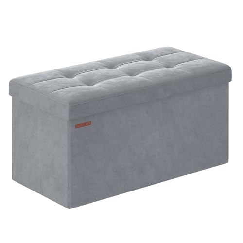 SONGMICS Sitzbank mit Stauraum aus Samt, klappbare Sitztruhe, 2 extra Aufbewahrungsboxen, 38 x 76 x 38 cm, bis 300 kg belastbar, für Flur, Wohnzimmer, Schlafzimmer, Taubengrau LSF247G02 von SONGMICS