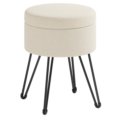 SONGMICS Sitzhocker, runder Hocker mit Stauraum, Aufbewahrungsbox mit Deckel, Schminkhocker, 39 x 44,1 cm (Ø x H), Metallbeine, gepolsterter Sitz, Wohnzimmer, Schlafzimmer, cremeweiß LOM002W01 von SONGMICS
