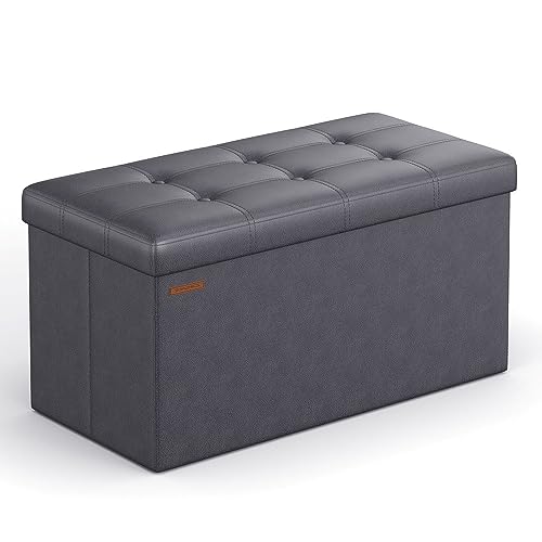 SONGMICS 76 cm Sitzbank mit Stauraum, Sitztruhe, Aufbewahrungsbox, Fußhocker, faltbar, gepolstert, Bezug aus Kunstleder, bis 300 kg belastbar, dunkelgrau LSF040G01 von SONGMICS