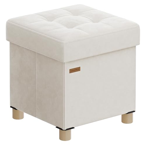 SONGMICS Sitzhocker mit Stauraum, Hocker faltbar, 38 x 38 x 40 cm, Aufbewahrungsbox mit Deckel, Fußhocker 37 L, Samt, bis 300 kg belastbar, Flur Wohnzimmer Schlafzimmer, cappuccinobeige LSF0516W02 von SONGMICS