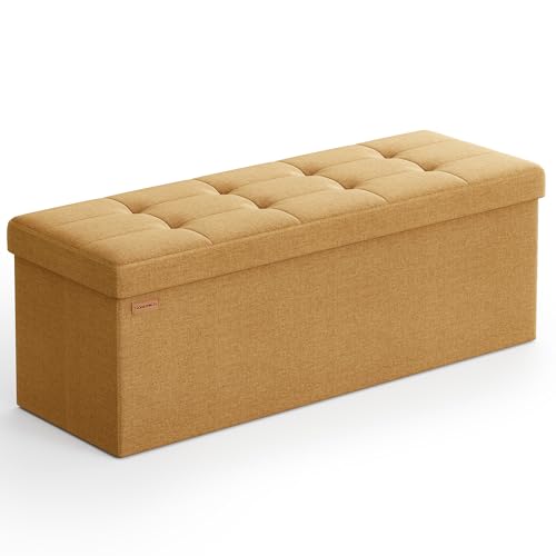 SONGMICS Sitzhocker mit Stauraum, klappbare Sitzbank, 38 x 110 x 38 cm Fußbank, Aufbewahrungsbox, bis 300 kg belastbar, für Wohnzimmer Schlafzimmer Flur, ingwergelb LSF077K04 von SONGMICS