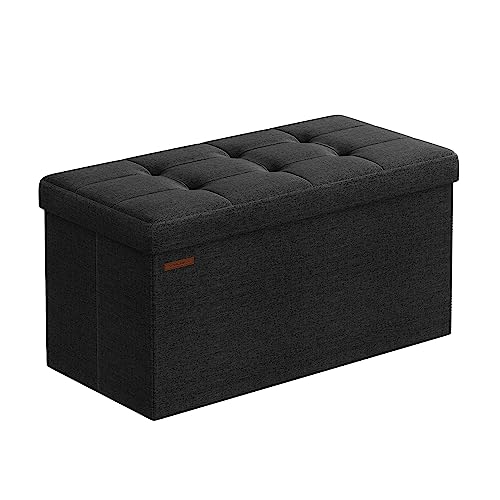 SONGMICS Sitzhocker mit Stauraum, klappbare Sitzbank, 38 x 76 x 38 cm Fußbank, Aufbewahrungsbox, bis 300 kg belastbar, für Wohnzimmer Schlafzimmer Flur, tintenschwarz LSF047B01 von SONGMICS