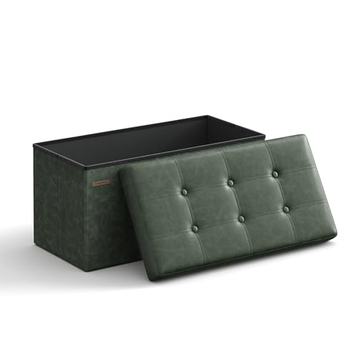 SONGMICS Sitzhocker mit Stauraum, klappbare Sitzbank, 38 x 76 x 38 cm Fußbank, Aufbewahrungsbox, bis 300 kg belastbar, für Wohnzimmer Schlafzimmer Flur, waldgrün LSF040C01 von SONGMICS