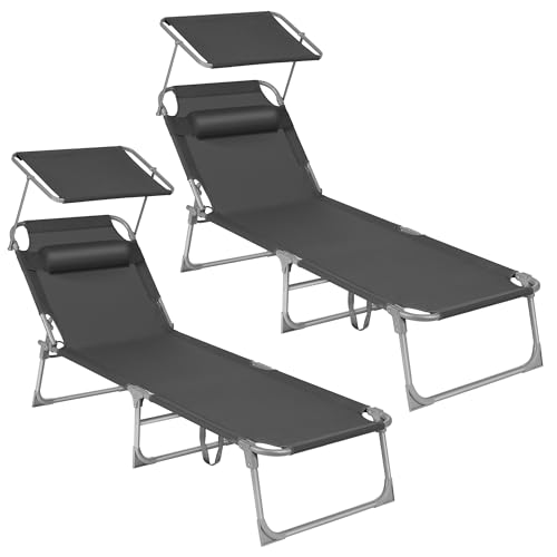 SONGMICS Sonnenliege, 2er Set, klappbarer Liegestuhl, 193 x 53 x 29 cm, bis 150 kg belastbar, Sonnenschutz, Kopfstütze, verstellbare Rückenlehne, für Garten, Pool, Terrasse, dunkelgrau GCB19UV1-2 von SONGMICS