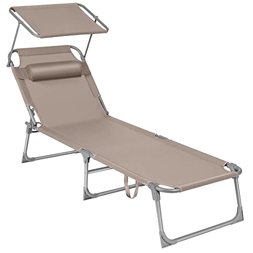 SONGMICS Sonnenliege, Klappliege, 193 x 53 x 29 cm, Tragkraft 150 kg, mit Sonnenblende und neigbarer Rückenlehne, für Garten, Pool, Terrasse, Taupe GCB192K01 von SONGMICS