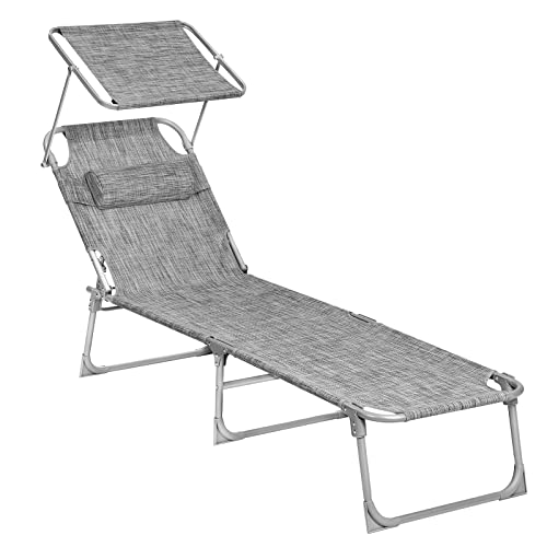 SONGMICS Sonnenliege, klappbarer Liegestuhl, 53 x 193 x 29 cm, bis 150 kg belastbar, Sonnenschutz, Kopfstütze, verstellbare Rückenlehne, Garten, Pool, Terrasse, grau meliert GCB19T von SONGMICS