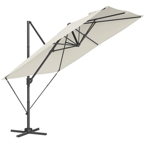 SONGMICS Sonnenschirm, Ampelschirm, 270 x 270 cm, UV-Schutz UPF 50+, Gartenschirm, um 360° drehbar, Neigungswinkel verstellbar, mit Kurbel, Kreuzfuß, cremeweiß GPU057Y01 von SONGMICS