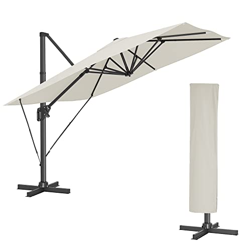 SONGMICS Sonnenschirm 290 x 290 cm, Ampelschirm, Gartenschirm, UV-Schutz UPF 50+, um 360° drehbar, Neigungswinkel verstellbar, mit Ständer, Befestigungsgurten und Abdeckung, beige GPU039M01 von SONGMICS