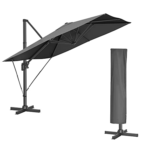 SONGMICS Sonnenschirm 290 x 290 cm, Ampelschirm, Gartenschirm, UV-Schutz UPF 50+, um 360° drehbar, Neigungswinkel verstellbar, mit Ständer, Befestigungsgurten und Abdeckung, rauchgrau GPU039G01 von SONGMICS