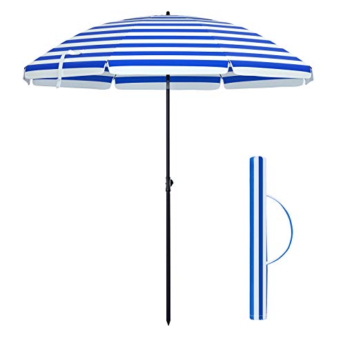 SONGMICS Sonnenschirm für Strand, Ø 200 cm, Gartenschirm, UV-Schutz bis UPF 50+, knickbar, tragbar, Schirmrippen aus Glasfaser, blau-weiß gestreift GPU65WU von SONGMICS