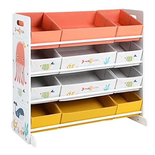 SONGMICS Spielzeugregal, Kinderzimmerregal mit 12 Stoffboxen, für Bücher und Spielzeug, Spielzeug-Organizer, Kinderzimmer, für Kinder, multifunktional, weiß GKRS04WT von SONGMICS