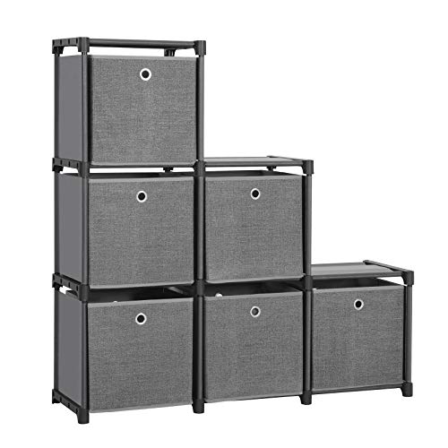 SONGMICS Steckregal 6 Würfel Aufbewahrungssystem mit 6 Stoffboxen DIY Schrank multifunktional mit robustem Metallrahmen Gummihammer 105 x 105 x 30 (B x H x T) Schwarz LSN66BK von SONGMICS