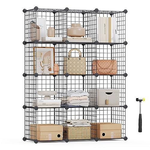 SONGMICS Steckregal aus Gitterplatte, Regalsystem, Würfelregal, Set aus 12 Würfeln, für Schuhe, Bücher, Wohnzimmer, Schlafzimmer, erweiterbar, 31 x 93 x 123 cm, schwarz LPI34H von SONGMICS